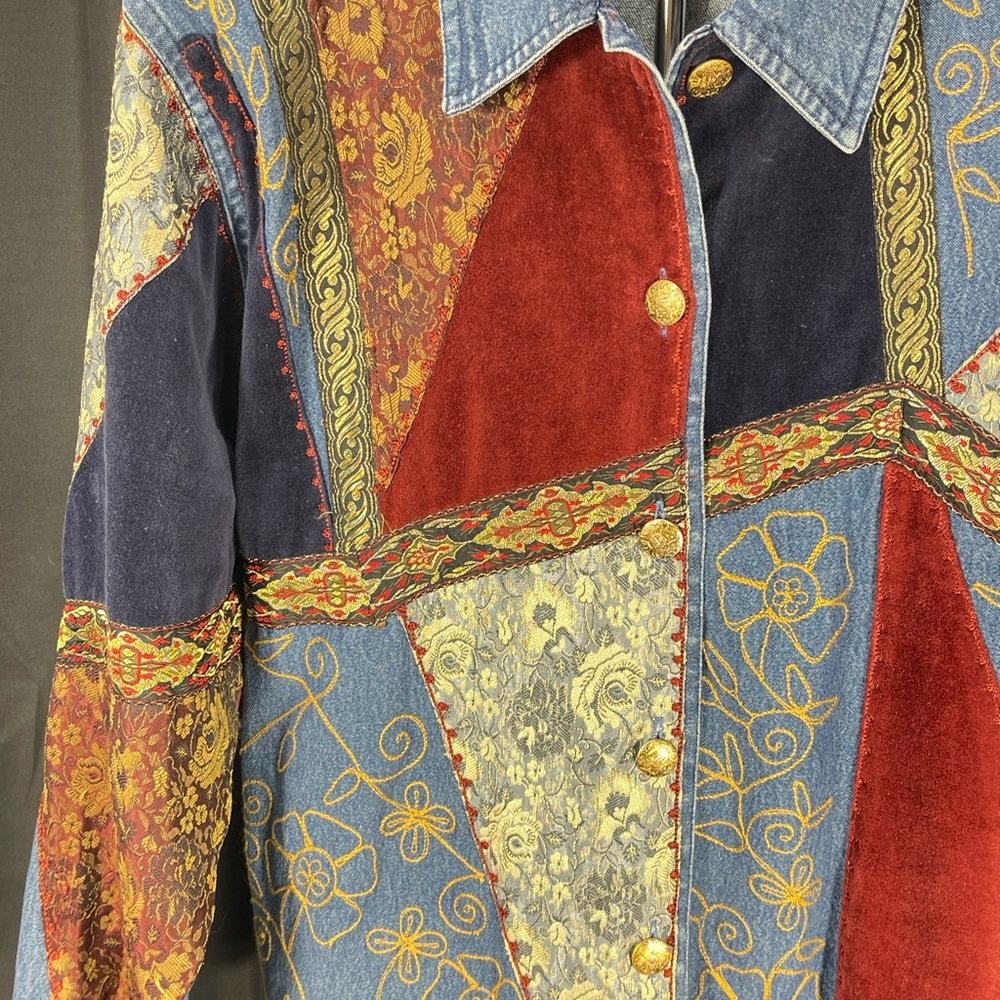 Vintage KEREN hart Patchwork Denim, embroidery & Velvet Jacket. Wine, Navy, Gold - Picture 2 of 7